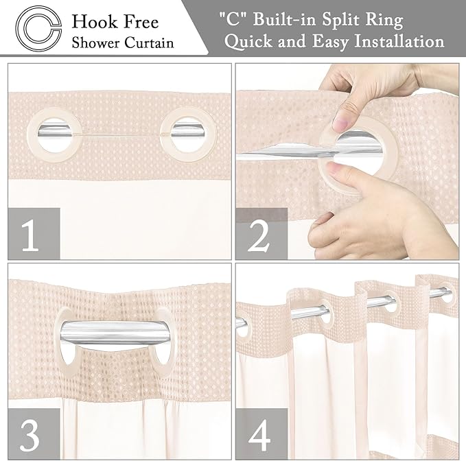 Gibelle No Hook Waffle Weave Shower Curtain with Snap-in Fabric Liner Set for Bathroom, Hotel Style with Mesh Top Window, Waterproof & Washable, Blush Pink, 72x74
