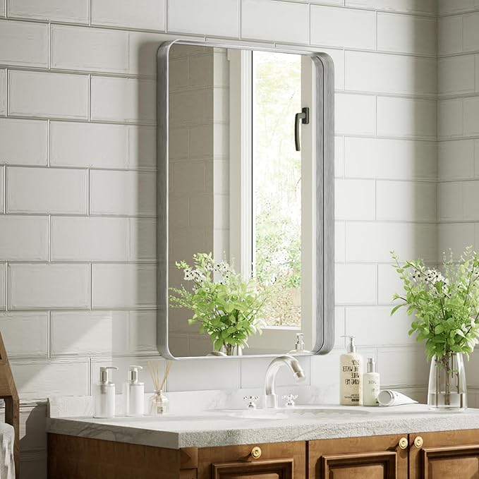 VooBang Bathroom Mirror 20x30 inch, Silver Gorgeous Deep Frame Wall Mirror, Modern Round Corner Bathroom Vanity Mirror for Bedroom, Living Room, Hanging or Leaning Horizontal or Vertical, Silver