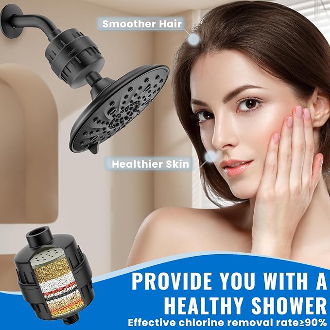 Ryamen Heavy Duty Shower Filter, Shower Water Filter, 99% REMOVAL Shower Head Filter for Hard Water, Heavy Metals, Chlorine (2 Cartridges, Black)