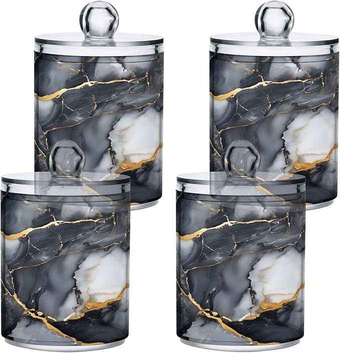 MNSRUU 4 Pack Qtip Holder Organizer Dispenser Abstract Black White Gold Marble Bathroom Containers Bathroom Vanity Storage Canister Apothecary Jars for Cotton Swabs/Pads/Floss
