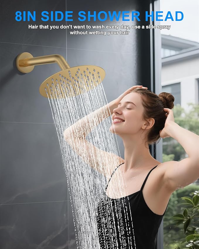 Shower System with Pressure Balance Valve, 10" Ceiling Mount Shower Faucet Set with 2 Rain Shower Head And Multi-function Handheld Head Push Button Diverter Pressure Balancing Valve Kit, Brushed Gold