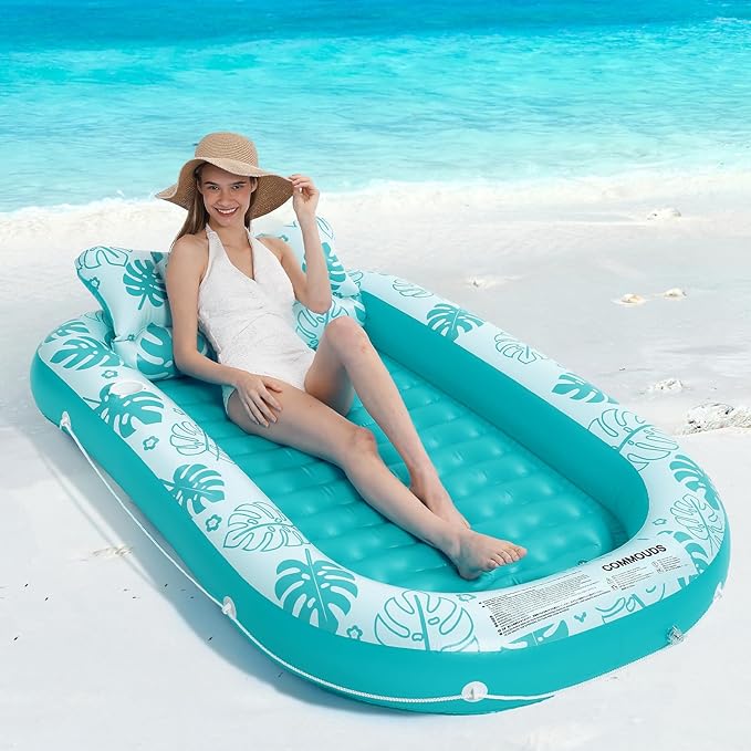 Inflatable Tanning Pool Lounger Float with Cervical Pillow - Pool Floats Adult for Sunbathing, Backyard, Pool Party - Inflate Ball Pit for Babies - Kids Swimming Pool Bed