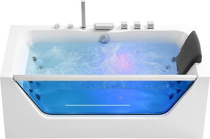 Empava 59 x 29" Whirlpool Tub,750W Acrylic Jetted Bathtub with 11 Jets,Hydromassage with Chromatherapy,3-Side Apron,58 Gallons,ETL Certified