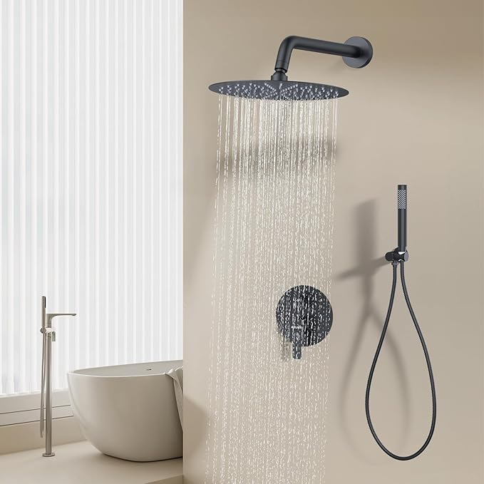 KOJOX 12-Inch Matte Black High-Pressure Shower System: Complete Set with Rainfall & Handheld Shower Heads, Wall-Mounted Mixer Faucet, Rough-In Valve, & Trim Kit for Bathroom