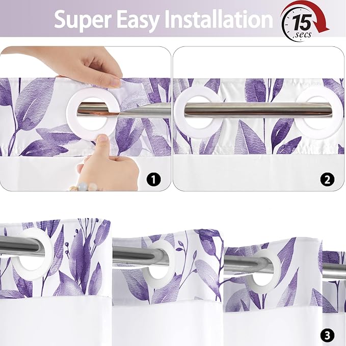 No Hook Shower Curtain and Liner Set, Light Purple Eucalyptus Floral Shower Curtains for Bathroom, Bath Curtain Sets with Snap in Liner, Waterproof with See Through Top Window, 71x77 Inches