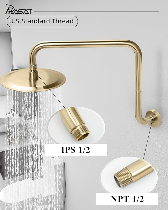 PHASAT 16 Inches Shower Arm Extension,S shaped Shower Arm with Flange,304 Stainless Steel High Rise Shower Head Arm Brushed Gold,PU9J01-M