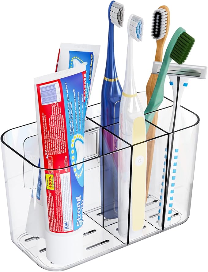Electric Toothbrush Holder for Bathroom Countertop and Wall Mounted with Adhesive,5 Slots Family Size Clear Tooth Brush and Paste Holder & Stand,Cute Kids Tooth Rush Holders and Toothpaste Organizer
