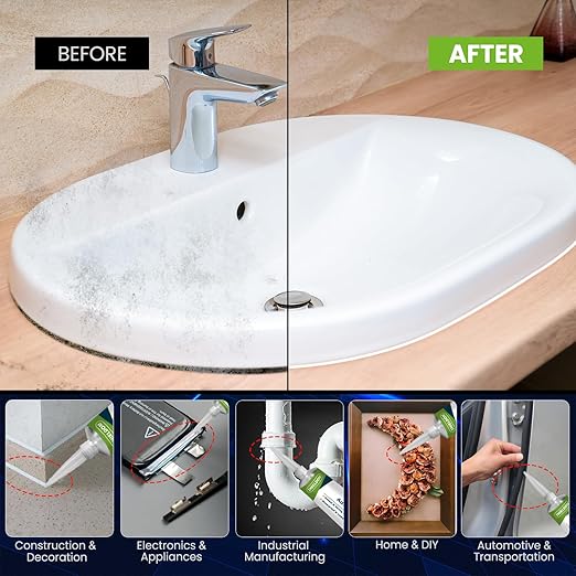 RTV Silicone Adhesive Sealant 100% Silicone Sealer All-Purpose Caulk Waterproof Stronger Adhesion, Shrink & Crack Proof Caulking for Car, Kitchen, Window, Bathroom, Door (Clear, 3.4 Fl. Oz.)