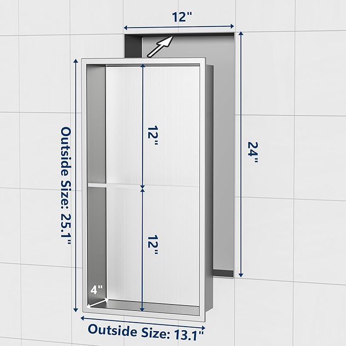 Stainless Steel Shower Niche 24" X 12", No Tile Needed Wall Niche Double Shelves, Recessed Niche Shower for Bathroom Storage, Brushed Nickel