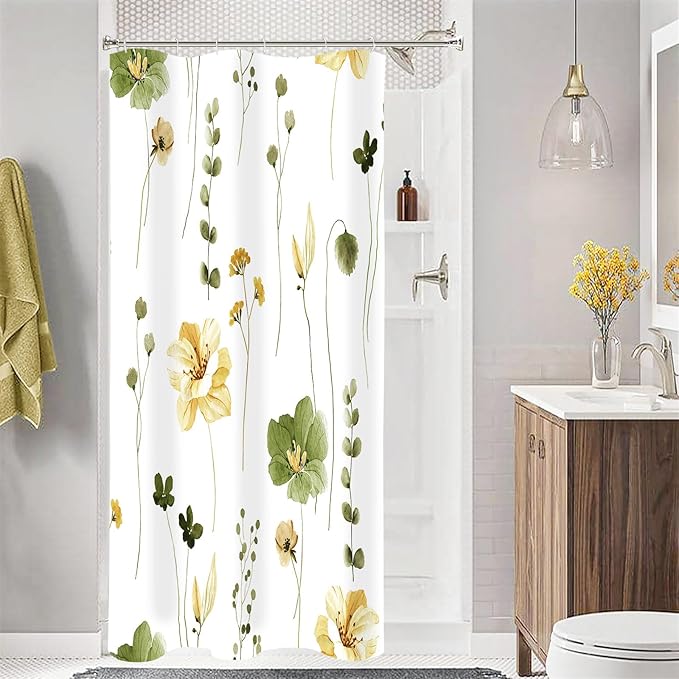 Gibelle Small Stall Shower Curtain 36 x 72, Narrow Half Watercolor Floral Fabric Shower Curtain, Olive Green Beige Flower Decorative Bathroom Shower Curtain Set