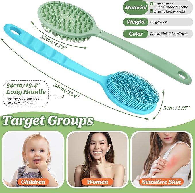 Silicone Back Scrubber for Shower, Soft Silicone Loofah with Handle, Gentle Exfoliating Back Scrubber, Back Brush Bath Brush with Dual-Side & Detachable Brush Head(Black)