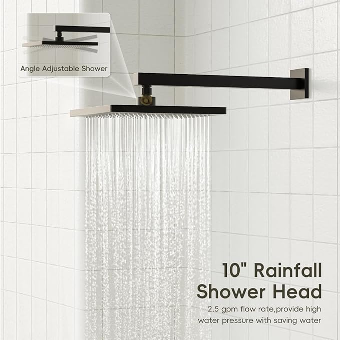 Gabrylly Shower System, 10 Inches Rain Shower Heads with Handheld Spray Combo, Wall Mounted Shower Faucets Sets Complete with Shower Valve Kit, Shower Head and Handle Set, Matte Black