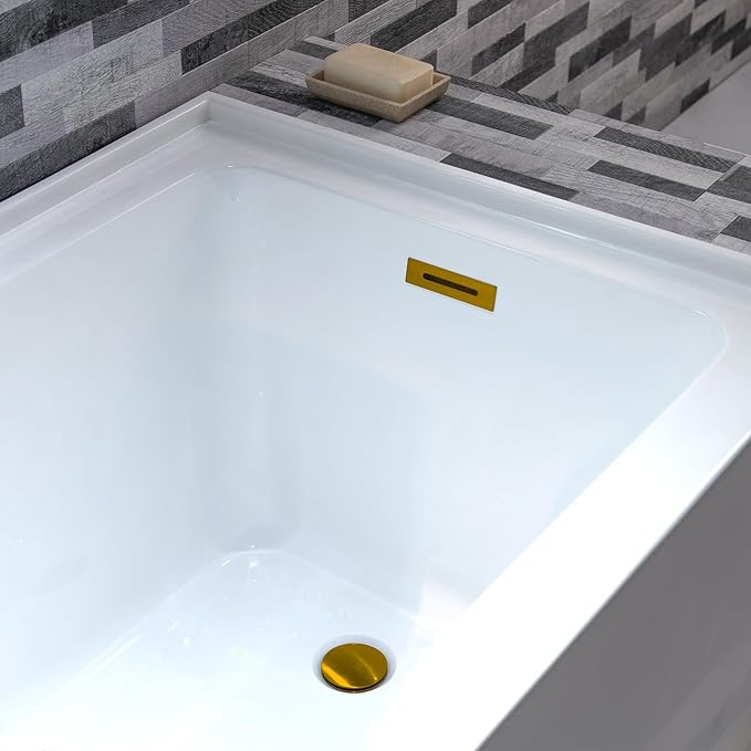 WOODBRIDGE 60" Acrylic Rectangular Alcove Soaking Bathtub in White with Right Drain, Brushed Gold Pop-Up Drain Included BA6030R