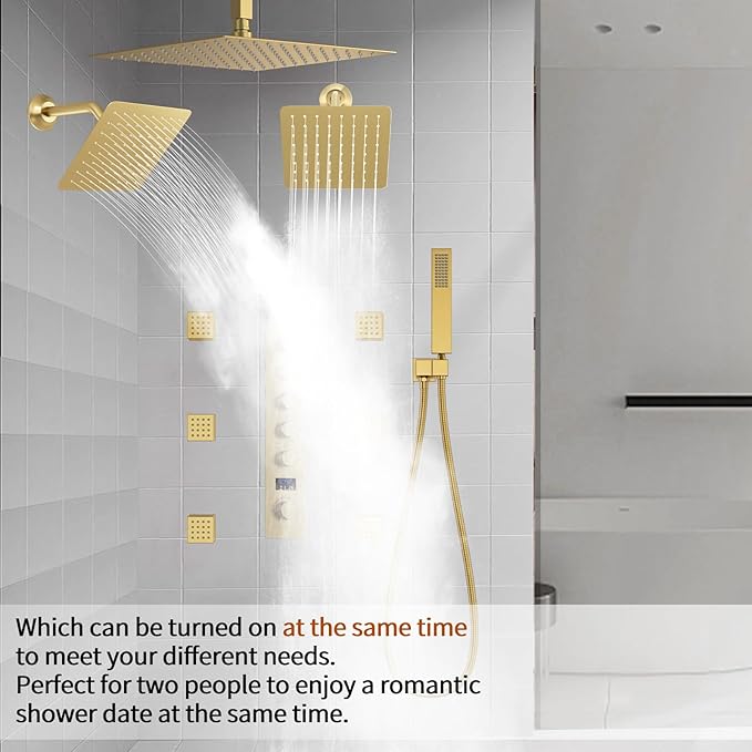 Brushed Gold Triple Shower Heads Shower System with 12"+8"+8" Top Shower Heads, Digital Display Shower Valve, Body Jets and Handheld Shower,Full Body Shower System