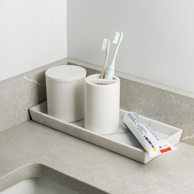 White Toothbrush Holder for Bathrooms – Modern Resin Countertop Organizer with Slots, Compact Toothbrush and Toothpaste Storage for Vanity, Hotel, Airbnb (White)