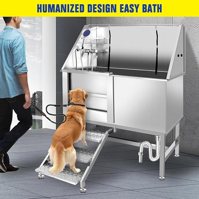 50 Inch Stainless Steel Dog Washing Station, Professional Grooming Tub with Stairs for Large Dogs, Home Bathtub for Pets with Hot & Cold Faucet