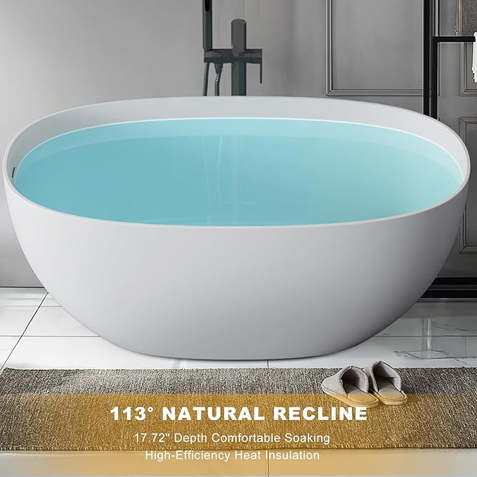 Stone Resin Freestanding Bathtubs,Soklawah 55" Solid Surface Luxury Soaking Tub,Oval Stand Alone Bathroom Bath tub with Drain & Integrated Slotted Overflow,Matte White Elegant Soaker Free Standing Tub
