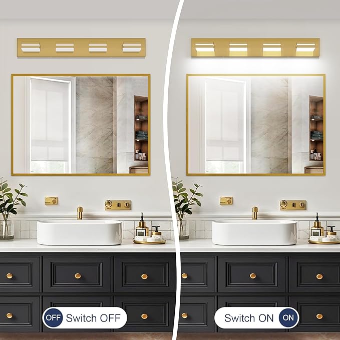 SineRise LED Modern Bathroom Vanity Light Fixtures (4-Light, 30-Inch, Dimmable),Brass Modern Acrylic Bathroom Wall Lighting Fixtures Over Mirror (Cool White 6000K)