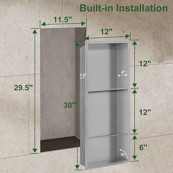Shower Niche,12 * 30 Stainless Steel Elegant Bathroom Niche, No Tile Needed Recessed Shower Shelf Organizer for Storage,Silver