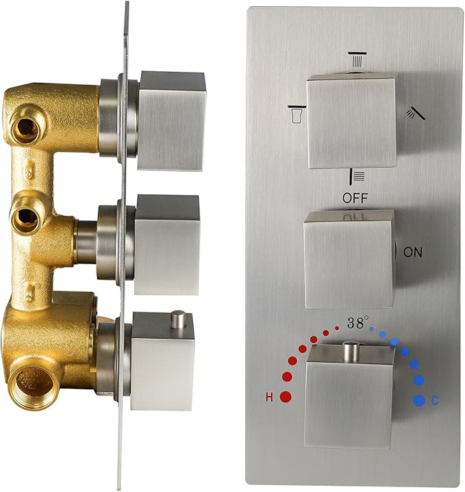HOMEDEC Solid Brass 4 Outlets Shower Diverter Valve, Thermostatic 4-Way 3 Handles Control Shower Mixing Valve Trim Kit Rough In Replacement, Brushed Nickel
