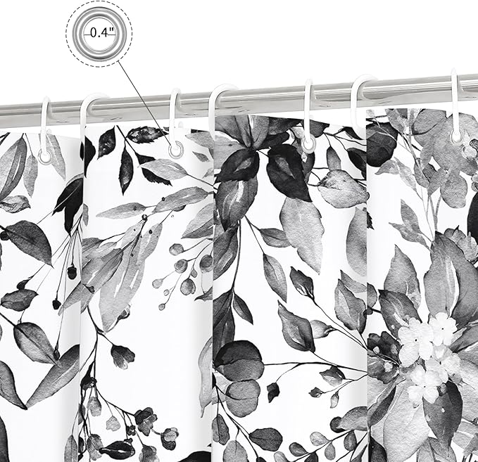 Gibelle Black and White Eucalyptus Shower Curtain, Grey Watercolor Plant Leaves with Floral Bathroom Shower Curtain Set, 72x72