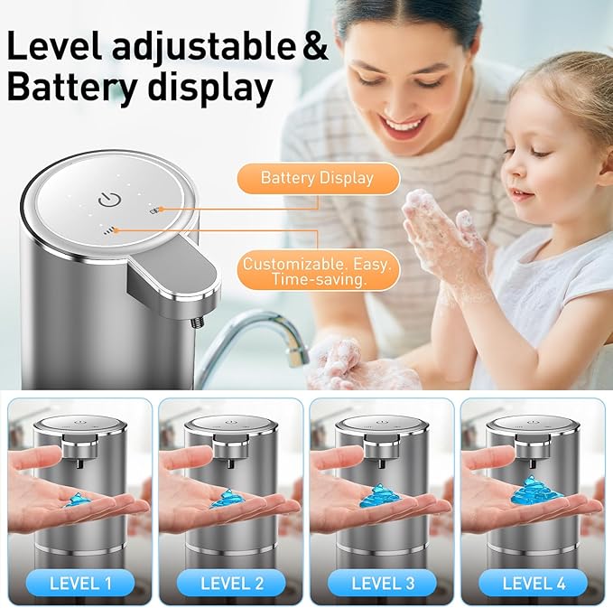 Automatic Soap Dispenser Touchless Automatic Liquid Soap Dispenser 4 Adjustable 1500mAh Soap Dispensing Levels Wall Mount for Kitchen and Bathroom