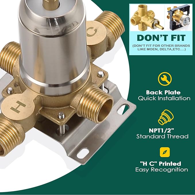 2 Way Shower Diverter Mixing Valve, Dual-Function Pressure Balance Shower Control Brass Rough-In Mixer 1/2" NPT Connection, Single Handle Brushed Nickel Shower Trim Kit