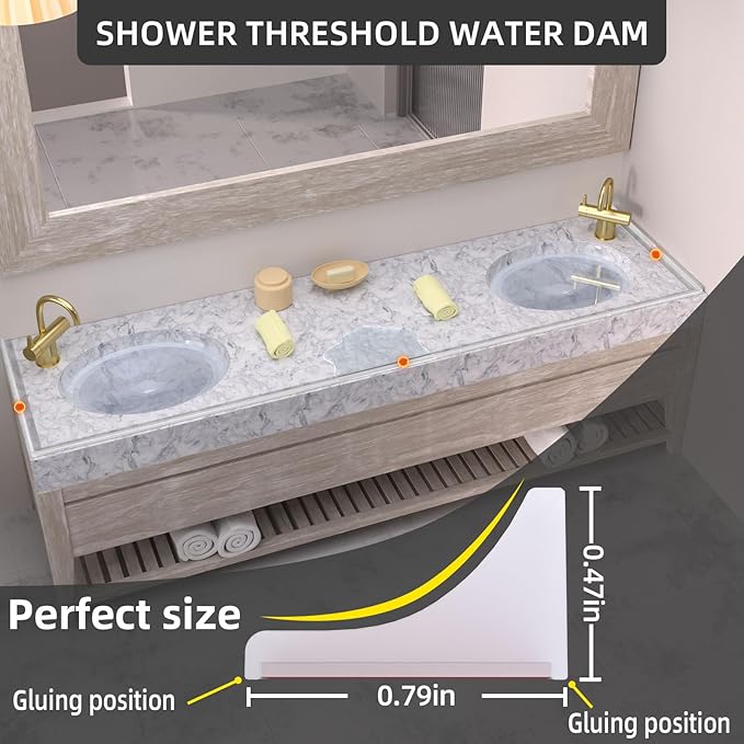 98Inch Collapsible Shower Threshold Water Dam Barrier, Self Adhesive Silicone Waterproof Shower Barrier Water Strip Dam for The Gap Between the Shower Kitchen Countertop Sink and Cooktop