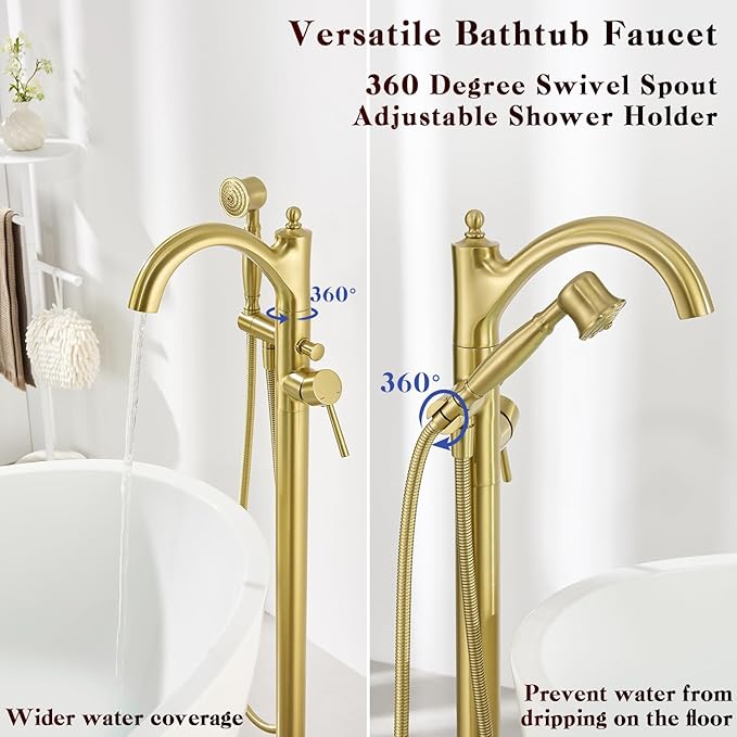 Free Standing Tub Faucet, High Flow Rate Brushed Light Gold Classic Freestanding Tub Faucets with Hand Shower Brass Floor Mount Tub Filler （WT-9002BGZZ）