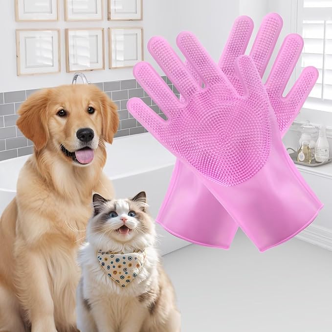 Pet Grooming Gloves and Brush Set, Dog and Cat Bath Scrubber Silicone Gloves Small
