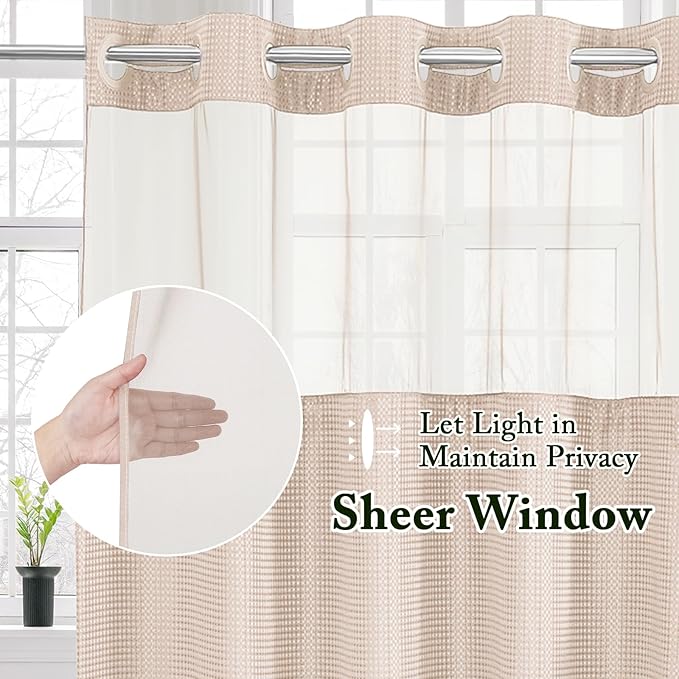 Gibelle Stall Small Shower Curtain 36x74, Waffle Weave Shower Curtain with Snap-in Fabric Liner Set, No Hooks Needed, Hotel Style with Mesh Top Window, Blush Pink