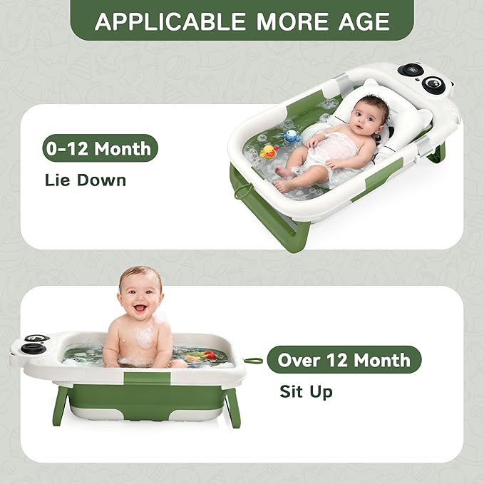 Collapsible Baby Bathtub for Newborn to Toddler (0-24 Months), Portable Baby Bath Tub for Travel, Newborn Bathtub with Soft and Supportive Cushion (Panda-Green)