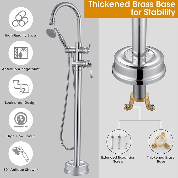 Freestanding Tub Faucet, Floor Mount Tub Faucet Polished Chrome High Flow Tub Filler, Roman Tub Faucet with Antique Handheld, Swivel Gooseneck Spout Shower Mixer Taps (B2311-CP)