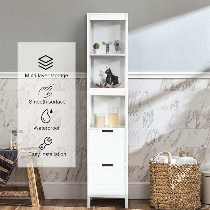 Tangkula Tall Bathroom Storage Cabinet, Freestanding 57" H Tall Slim Bathroom Floor Cabinet with 3 Tier Open Shelves and 2 Drawers, Multifunction Organizer Wooden Tower (White)