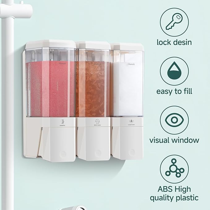 Shampoo and Conditioner Dispenser Wall Mounted No Drill, Shower Soap Dispenser 3 Chamber Shampoo Conditioner Body Wash Refillable 3 * 17oz Shower Soap Dispenser for Bathroom Hotel, White+Clear