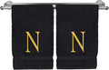 Monogrammed Hand Towel, Personalized Initial Gift, Extra Absorbent 100% Turkish Cotton - Soft Terry Finish - Set of 2 - Gold Block Initial N - Embroidered on Black Towels