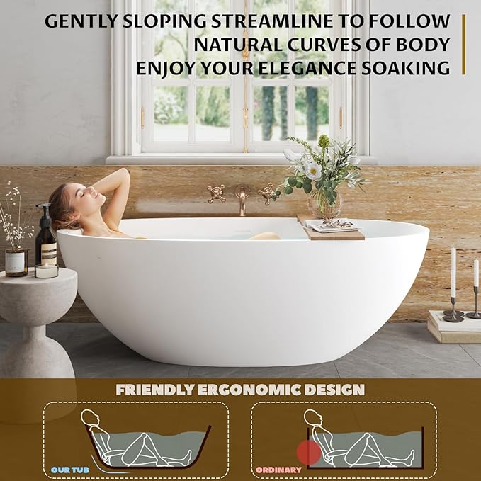 65" Resin Stone Freestanding Bathtub, Soaking Tub, Ergonomic Design, Easy Installation for Modern Spa Bathrooms, Matte White
