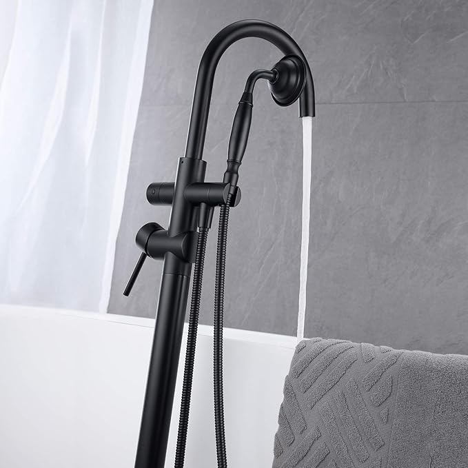 Tub Filler Freestanding Bathtub Faucet Black Floor Mounted Brass Bathroom Tub Faucets with Hand Shower