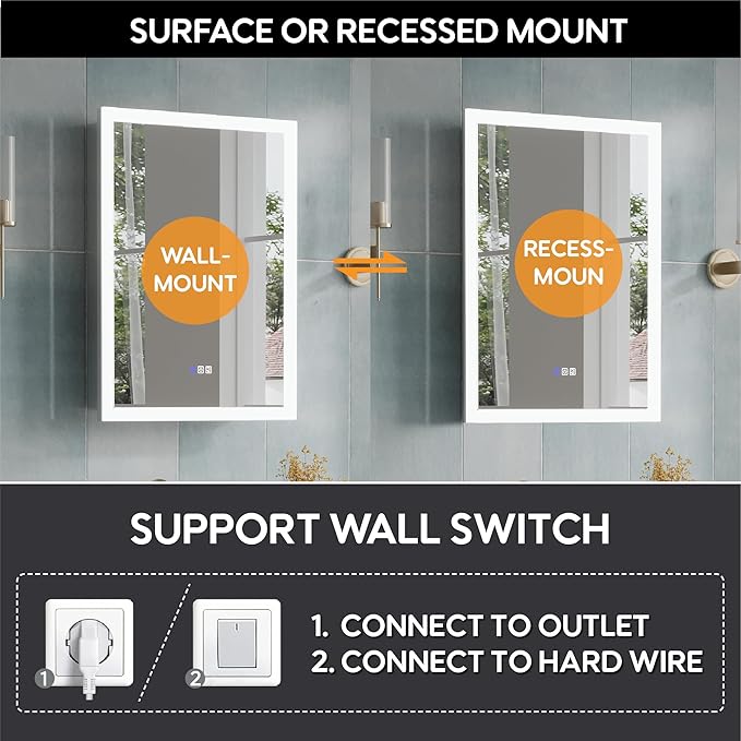 WELLFOR 24 x 32 Inch LED Medicine Cabinet with Lights, 3X Magnification Makeup Mirror, Bathroom Vanity Mirror Cabinet with Storage, Anti Fog, Surface or Recess Mount, Right Opening Door