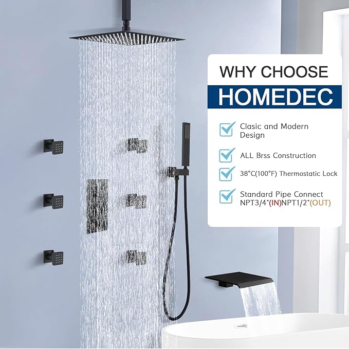 HOMEDEC Solid Brass 4 Ways Shower Diverter Valve, Thermostatic 3 Handles Control Shower Mixing Valve Trim Kit Rough In Replacement, Matte Black