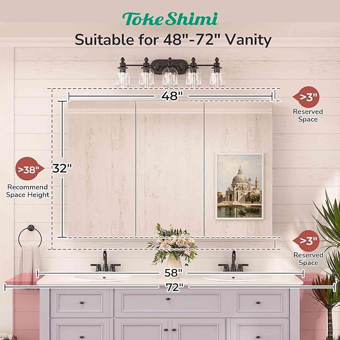 TokeShimi 48x32 Mirror with Stepless Adjustable Storage, Aluminum Tempered Bathroom Mirror Medicine Cabinet White, Frameless Farmhouse Medicine Cabinet for Recessed or Surface Mount Modern