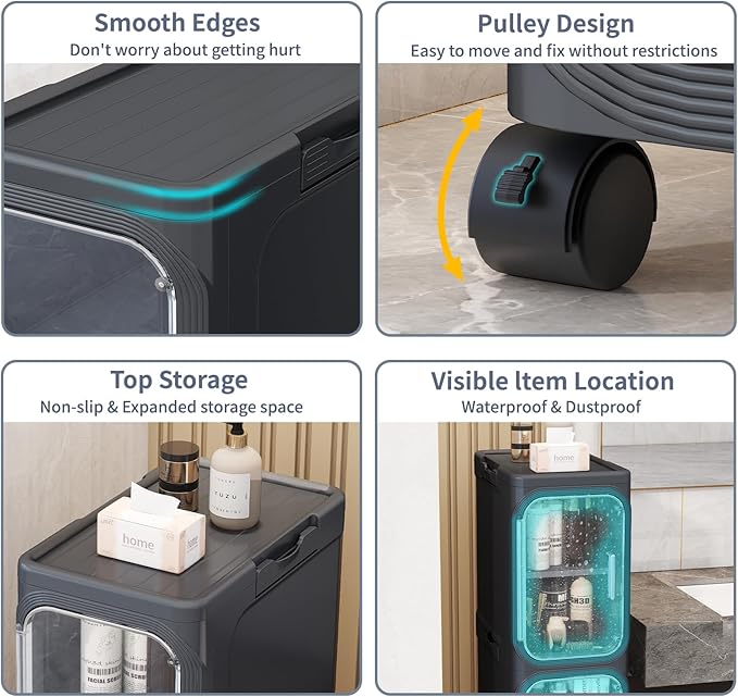 KHNR 3-Tiers Slim Bathroom Storage Cabinet, Foldable Storage Cabinets,Narrow Bathroom Storage,Movable Bathroom Storage Organizer for Small Spaces,Bathroom,Kitchen,Laundry,Black