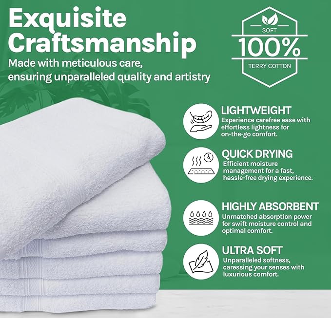 Towels N More Excellent Deals Wash Cloth (24 White) - 100% Cotton Washcloth 12x12 - Highly Absorbent All Purpose Cleaning washcloths - Machine Washable Facecloth Face Towels (24)