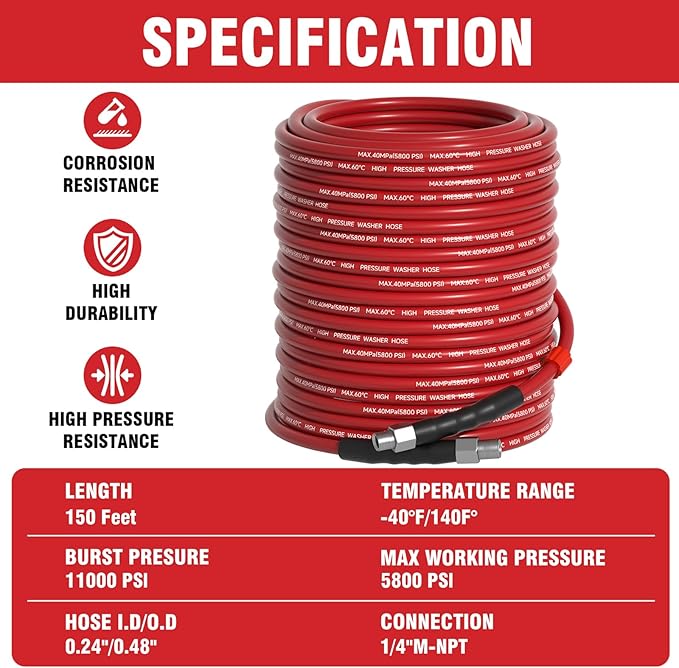 Sewer Jetter Kit 150FT for Pressure Washer, 5800 PSI Drain Cleaner Hose 1/4 Inch NPT with Spray Nozzle, Button Nose and Rotating Sewer Jetting Nozzle, Spanner Teflon Tape Pearl Corsage Pin