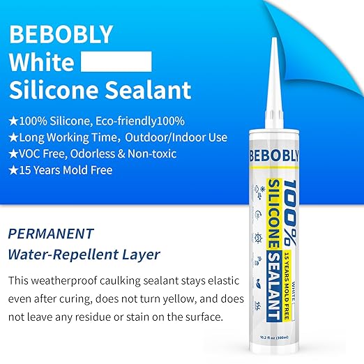 White Silicone Caulk & Sealant, 100% Waterproof Silicone Sealant Caulking, Shrink & Crack Proof, Silicone Caulking for Kitchen, Bathroom, RV, Interior & Exterior Use, 10.2 FL. OZ/300ML, 4 Pack