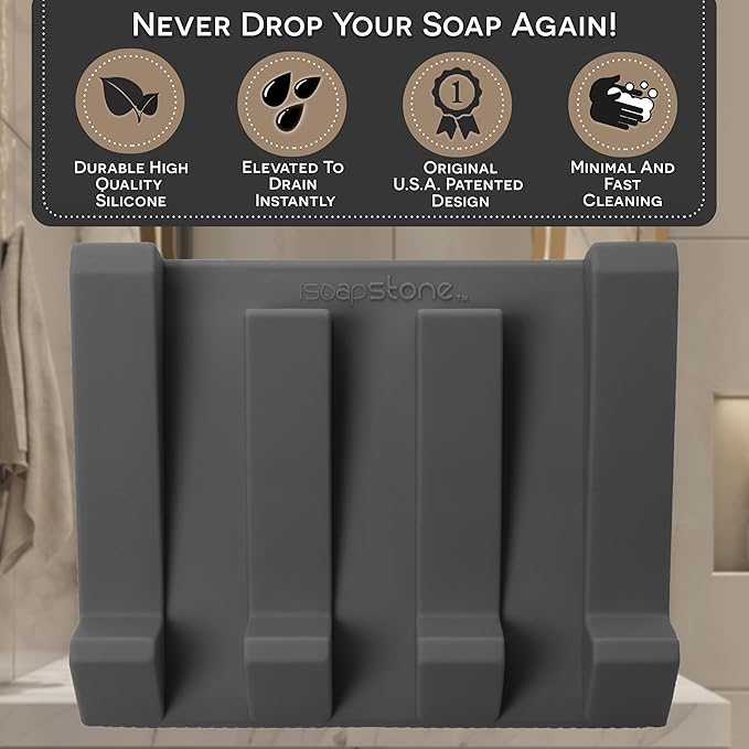 Silicone Soap Dish (USA Patented) Self Draining Bar Soap Holder for Shower Bathroom Sink, Drying Soap Dish Tray Kitchen Sponge Holder Easy Cleaning Soap Saver Mat (Dark Grey, 2)
