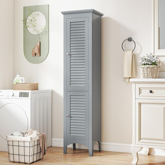 Tangkula 63" Tall Bathroom Storage Cabinet, Freestanding Narrow Linen Tower with Adjustable Shelf, Modern Slim Floor Cabinet with 2 Doors for Bathroom, Living Room, Kitchen (Grey)