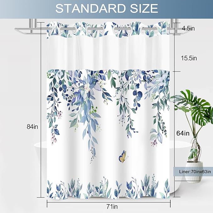 No Hook Shower Curtain and Liner Set, Blue Eucalyptus Floral Shower Curtains for Bathroom, Bath Curtain Sets with Snap in Liner, Waterproof with See Through Top Window, 71x84 Inches