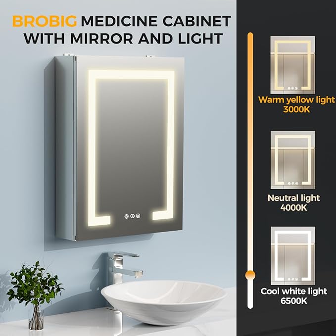 New LED Bathroom Mirror 16 * 24 Stepless Dimmable Wall Mirrors with Anti-Fog, Shatter-Proof, Memory, 3 Colors, Memory Function, Water Proof, Decor Vanity Mirror