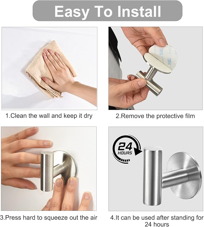 Vuzvuv Adhesive Brushed Nickel SUS304 Stainless Steel Towel Hooks – Heavy Duty Waterproof, Self-Adhesive Coat Robe Hook for Bathroom, Kitchen, Hotel (4-Pack)